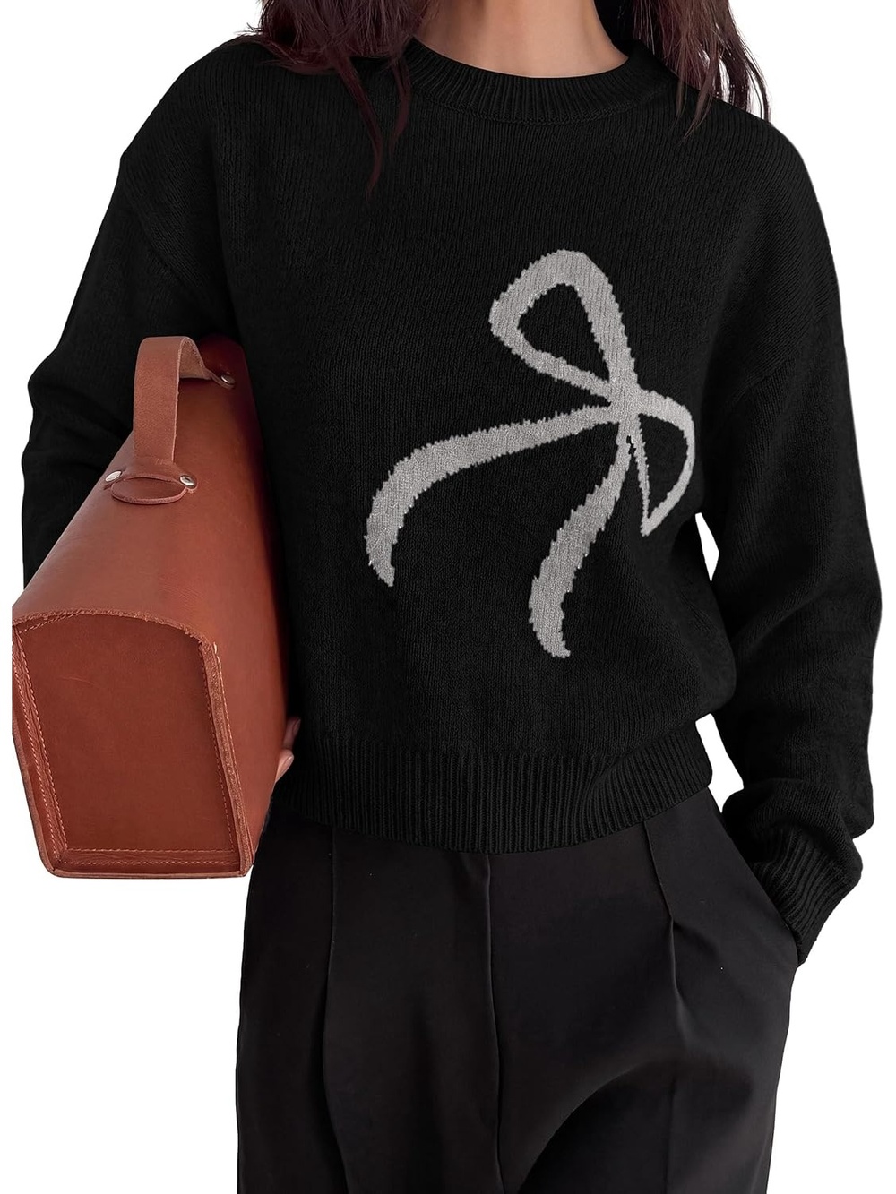 🆕 Women's Black Crewneck Long Sleeve Bow Knit Cozy Relaxed Pullover Sweater